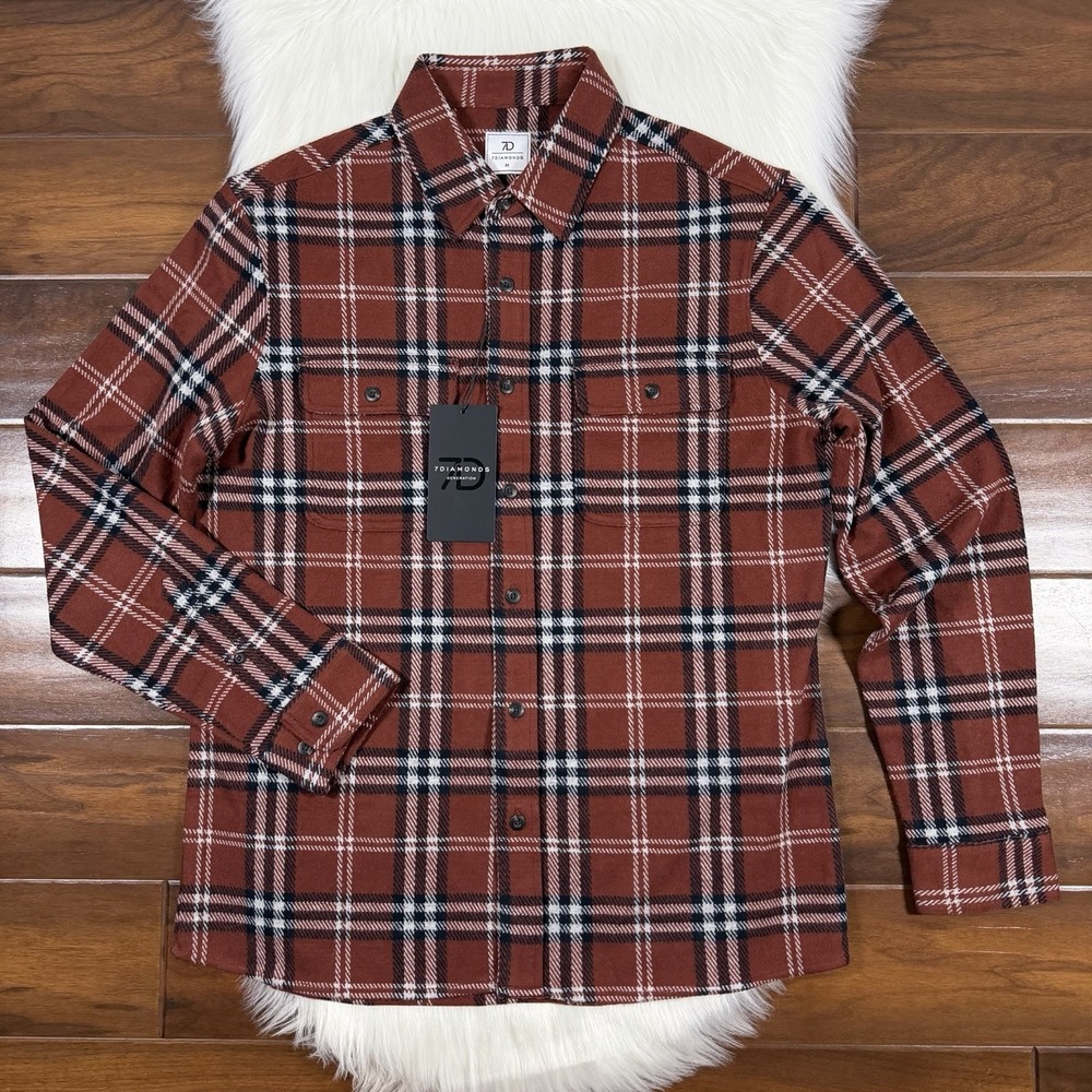 7 Diamonds Men's Size Medium Amber Plaid Generation Soft Flannel Shirt Stretch